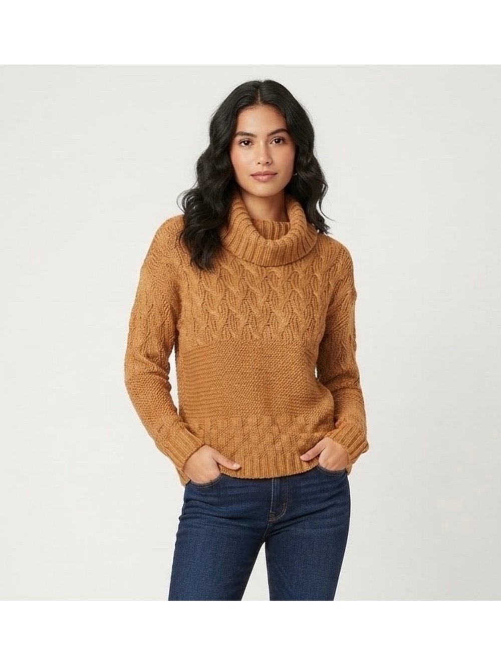 Lulus Cable Knit Turtleneck Sweater in Camel Brown, Size Small